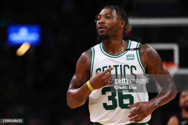 Marcus Smart of the Boston Celtics reacts in the third quarter against the Miami Heat in Game Three of the 2022 NBA Playoffs Eastern Conference...