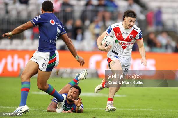 Cody Ramsey of the Dragons makes a break during the round 11 NRL match between the St George Illawarra Dragons and the New Zealand Warriors at...