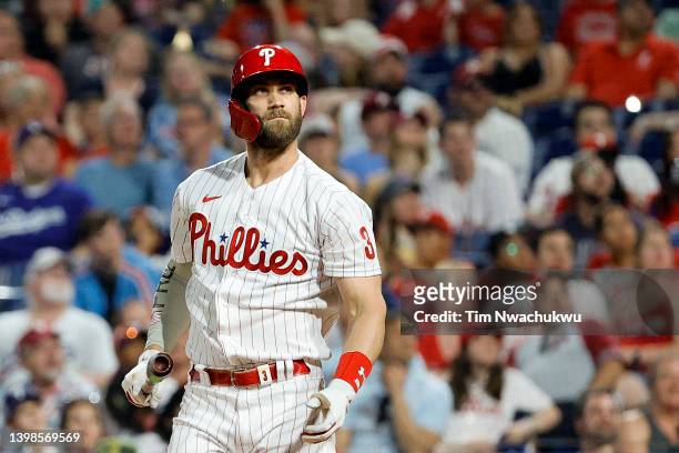 Bryce Harper of the Philadelphia Phillies looks on during the eighth inning against the Los Angeles Dodgers at Citizens Bank Park on May 21, 2022 in...