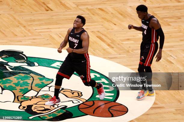 Kyle Lowry of the Miami Heat reacts after a late basket in the fourth quarter against the Boston Celtics in Game Three of the 2022 NBA Playoffs...