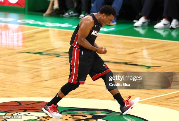 Kyle Lowry of the Miami Heat reacts after a late basket in the fourth quarter against the Boston Celtics in Game Three of the 2022 NBA Playoffs...