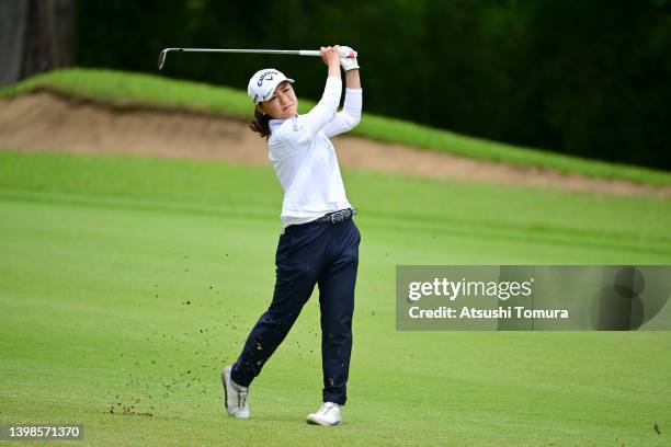 Sakura Yokomine of Japan hits her second shot on the 13th hole during the final round of Bridgestone Ladies Open at Sodegaura Country Club Sodegaura...