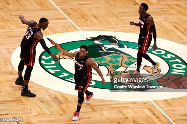 Kyle Lowry of the Miami Heat reacts after a late basket in the fourth quarter against the Boston Celtics in Game Three of the 2022 NBA Playoffs...