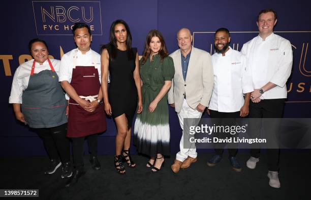 Evelyn Garcia, Buddha Lo, Padma Lakshmi, Gail Simmons, Tom Colicchio, Damarr Brown, and Jackson Kalb attend the NBCU FYC House "Top Chef" carpet at...