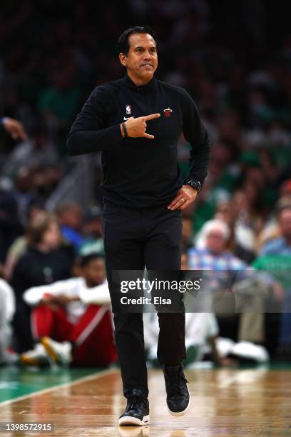 Head coach Erik Spoelstra of the Miami Heat reacts in the second quarter against the Boston Celtics in Game Three of the 2022 NBA Playoffs Eastern...