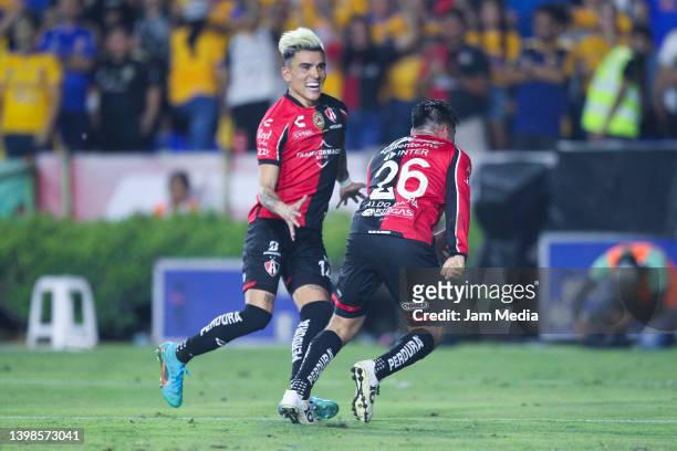 Aldo Rocha of Atlas celebrates with Luis Reyes after scoring his team's second goal during the semifinal second leg match between Tigres UANL and...