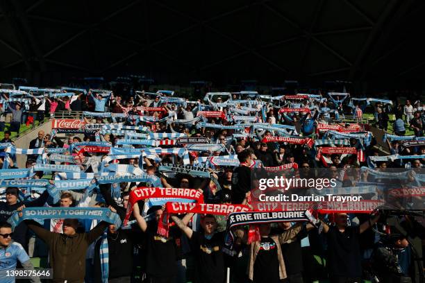 Melbourne City fans are seen before the Second Leg A-League Mens Semi Final match between Melbourne City and Adelaide United at AAMI Park, on May 22...