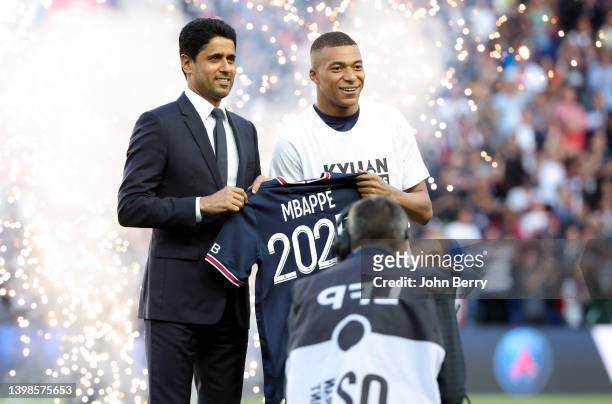 President of PSG Nasser Al Khelaifi, Kylian Mbappe of PSG celebrate the new contract of Kylian with PSG during a brief ceremony before the Ligue 1...