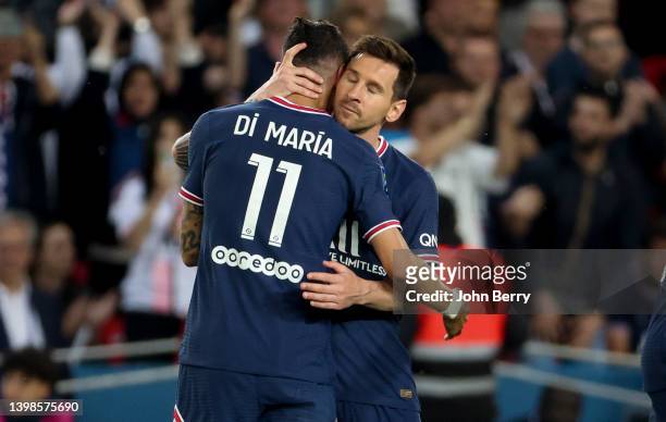 Angel Di Maria of PSG - crying - celebrates his goal with Lionel Messi of PSG during the Ligue 1 Uber Eats match between Paris Saint-Germain and FC...
