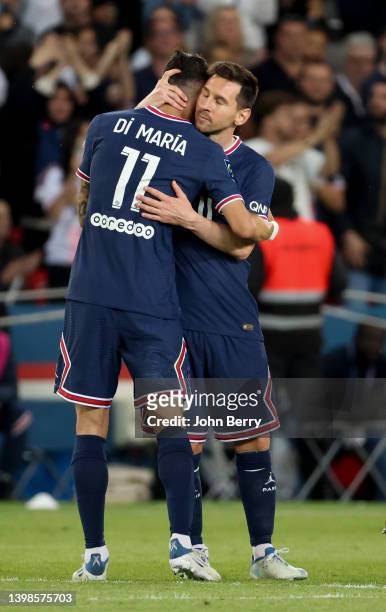 Angel Di Maria of PSG - crying - celebrates his goal with Lionel Messi of PSG during the Ligue 1 Uber Eats match between Paris Saint-Germain and FC...