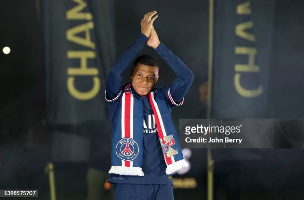 Kylian Mbappe of PSG during the French Ligue 1 trophy presentation following the Ligue 1 Uber Eats match between Paris Saint-Germain and FC Metz at...