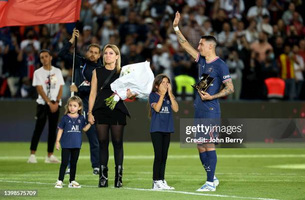 Angel Di Maria of PSG - here with his wife Jorgelina Cardoso and their daughters Mia Di Maria and Pia Di Maria - is honored following his last match...