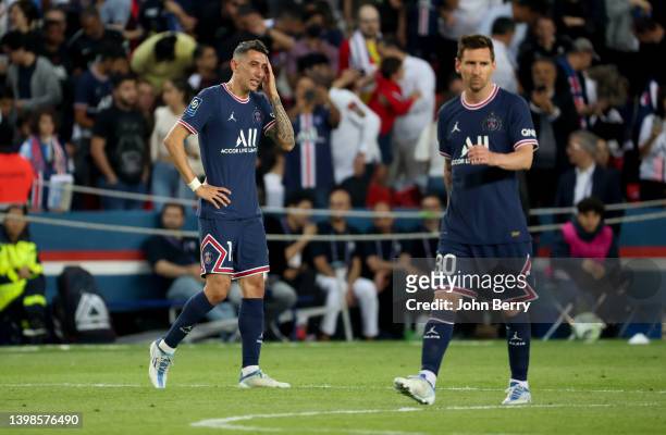 Angel Di Maria of PSG - crying -, Lionel Messi of PSG during the Ligue 1 Uber Eats match between Paris Saint-Germain and FC Metz at Parc des Princes...