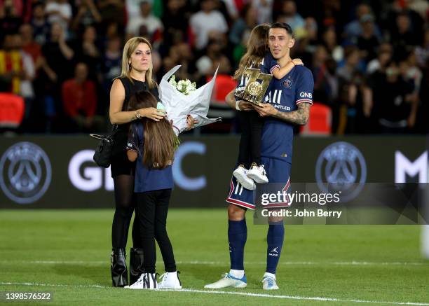 Angel Di Maria of PSG - here with his wife Jorgelina Cardoso and their daughters Mia Di Maria and Pia Di Maria - is honored following his last match...