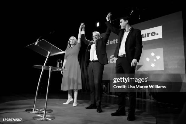 Labor Leader Anthony Albanese , his partner Jodie Haydon and his son Nathan Albanese celebrate victory during the Labor Party election night event at...