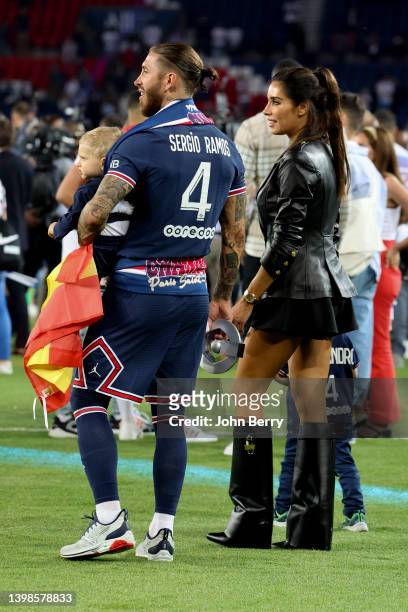 Sergio Ramos of PSG with his wife Pilar Rubio and their sons following the French Ligue 1 trophy presentation following the Ligue 1 Uber Eats match...