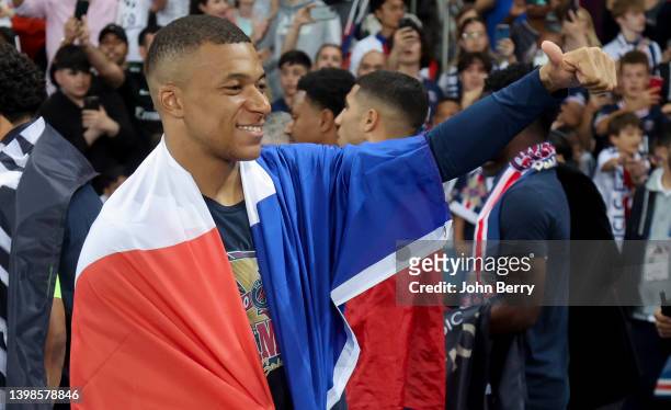 Kylian Mbappe of PSG following the French Ligue 1 trophy presentation after the Ligue 1 Uber Eats match between Paris Saint-Germain and FC Metz at...