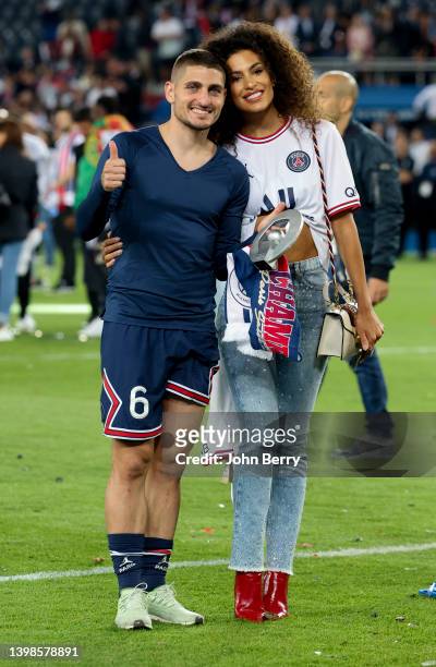 Marco Verratti of PSG and his wife Jessica Aidi following the French Ligue 1 trophy presentation after the Ligue 1 Uber Eats match between Paris...