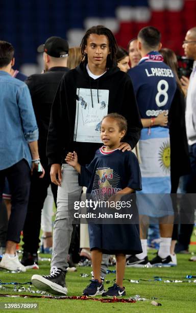 Ethan Mbappe, brother of Kylian Mbappe of PSG following the French Ligue 1 trophy presentation following the Ligue 1 Uber Eats match between Paris...