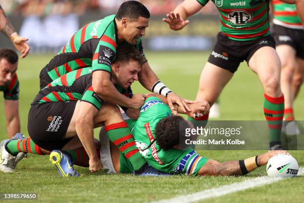 Josh Papalii of the Raiders stretches out to score a try during the round 11 NRL match between the South Sydney Rabbitohs and the Canberra Raiders at...
