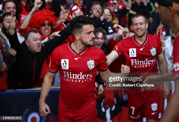 Zach Clough of Adelaide United celebrates after scoring a goal during the Second Leg A-League Mens Semi Final match between Melbourne City and...