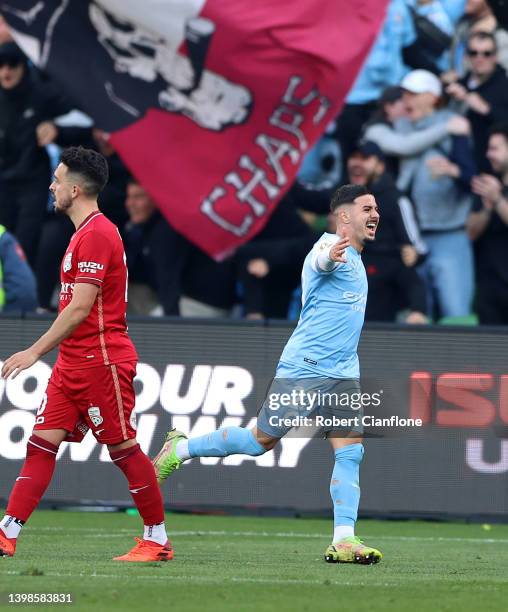 Marco Tilio of Melbourne City celebrates after scoring a goal during the Second Leg A-League Mens Semi Final match between Melbourne City and...