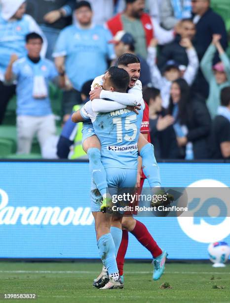 Marco Tilio of Melbourne City celebrates after scoring a goal during the Second Leg A-League Mens Semi Final match between Melbourne City and...