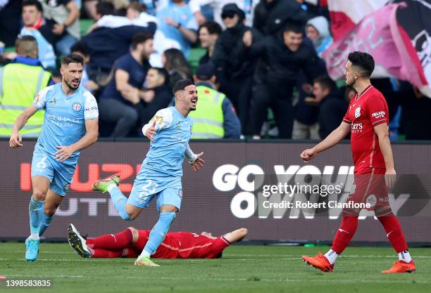 Marco Tilio of Melbourne City celebrates after scoring a goal during the Second Leg A-League Mens Semi Final match between Melbourne City and...