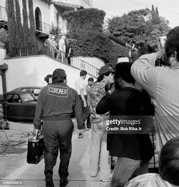 Coroner technician arrives at the Chateau Marmont Hotel where Comedian John Belushi was found dead, March 5, 1982 in Hollywood section of Los...