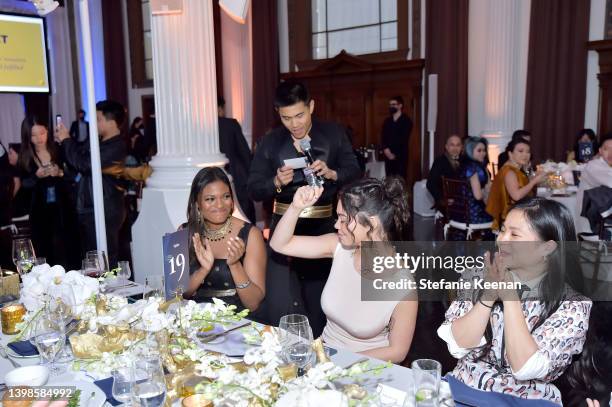 Bing Chen, Auli'i Cravalho and Kelly Marie Tran speak during Gold House's Inaugural Gold Gala: A New Gold Age at Vibiana on May 21, 2022 in Los...