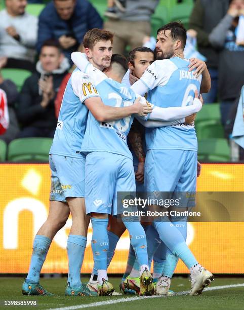 Jamie Maclaren of Melbourne City celebrates after scoring a goal during the Second Leg A-League Mens Semi Final match between Melbourne City and...