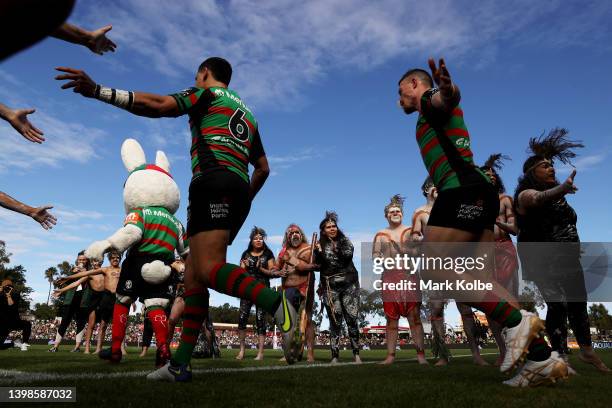 Cody Walker and Damien Cook of the Rabbitohs run out for kick-off during the round 11 NRL match between the South Sydney Rabbitohs and the Canberra...