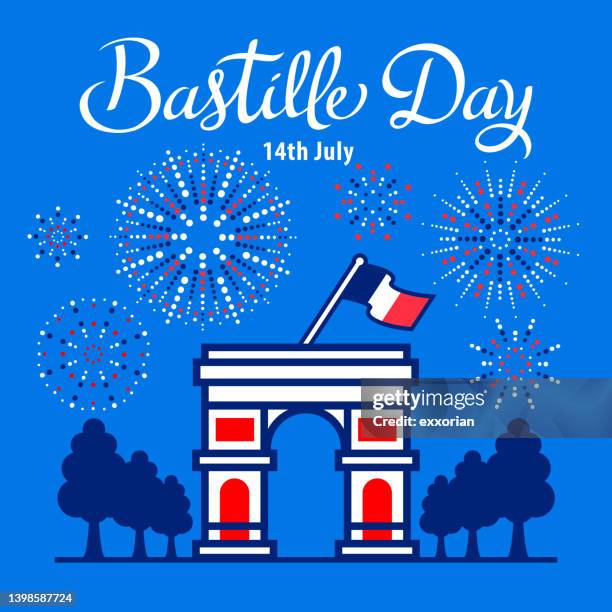 bastille day celebration feuerwerk - französische flagge stock-grafiken, -clipart, -cartoons und -symbole