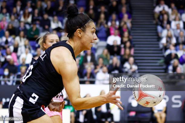 Ash Brazill of the Magpies chases a loose pass during the round 11 Super Netball match between Collingwood Magpies and Adelaide Thunderbirds at State...