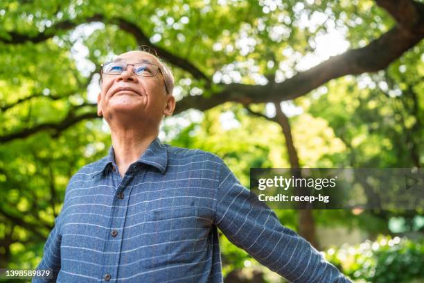 ritratto di uomo anziano con le braccia alzate che fa un respiro profondo nella natura - japanese old man foto e immagini stock