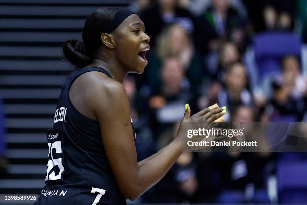 Shimona Nelson of the Magpies celebrates a goal on during the round 11 Super Netball match between Collingwood Magpies and Adelaide Thunderbirds at...