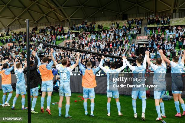 Melbourne City players acknowledge their fans after the Second Leg A-League Mens Semi Final match between Melbourne City and Adelaide United at AAMI...