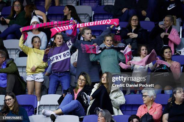 Thunderbirds fans cheer during the round 11 Super Netball match between Collingwood Magpies and Adelaide Thunderbirds at State Netball Hockey Centre,...