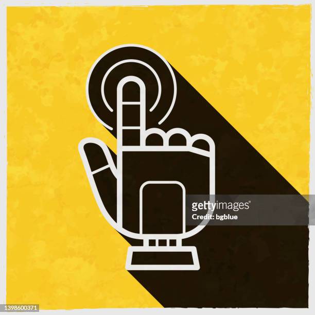 robot hand touch - click. icon with long shadow on textured yellow background - robot hand human hand stock illustrations