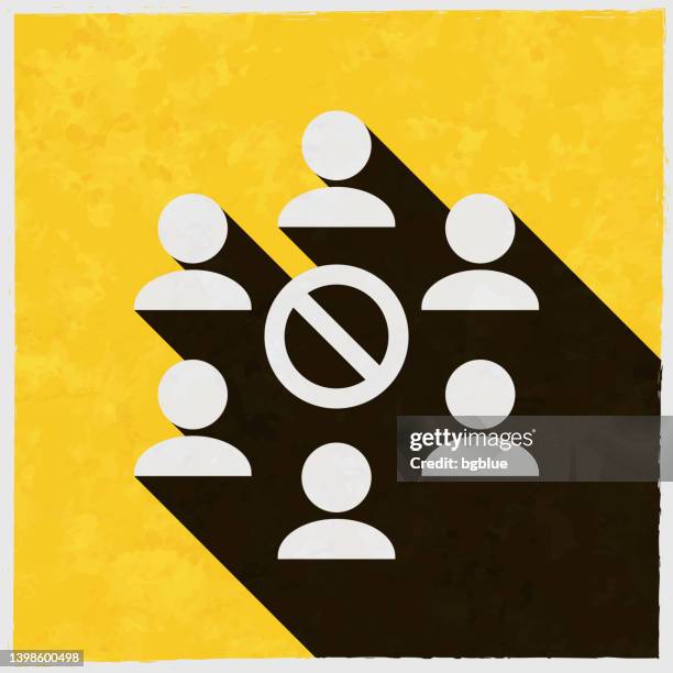 no gathering - avoid crowds. icon with long shadow on textured yellow background - avoiding danger stock illustrations