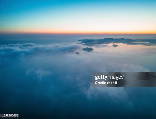 aerial view of seascape at sunrise - blue morning glory stock pictures, royalty-free photos & images