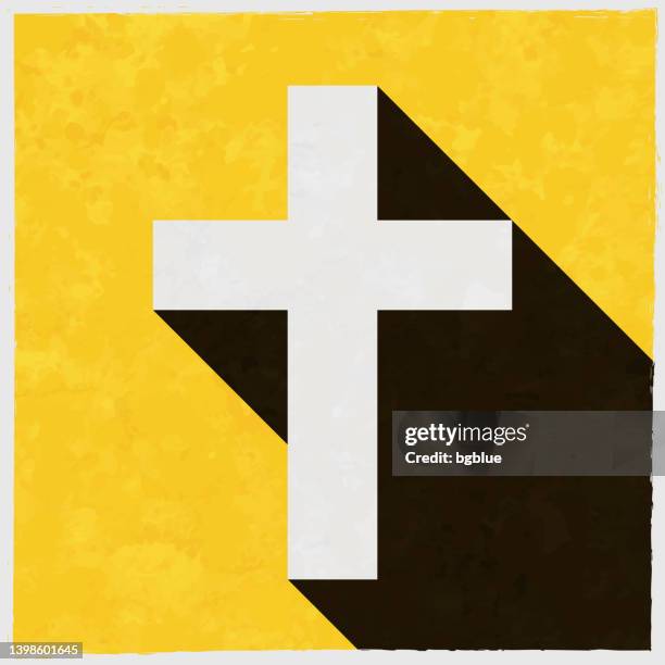 religion cross. icon with long shadow on textured yellow background - baptism cross stock illustrations