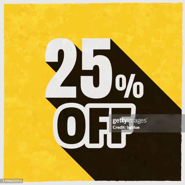 stockillustraties, clipart, cartoons en iconen met 25 percent off (25% off). icon with long shadow on textured yellow background - long term investment