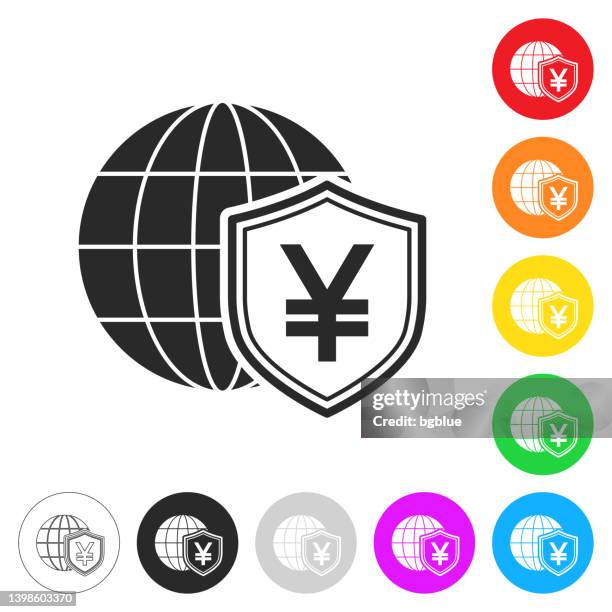 yen shield with globe. icon on colorful buttons - save planet stock illustrations