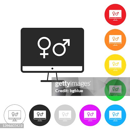 Desktop computer with gender symbols. Icon on colorful buttons Desktop computer with gender symbols. Icon on colorful buttons