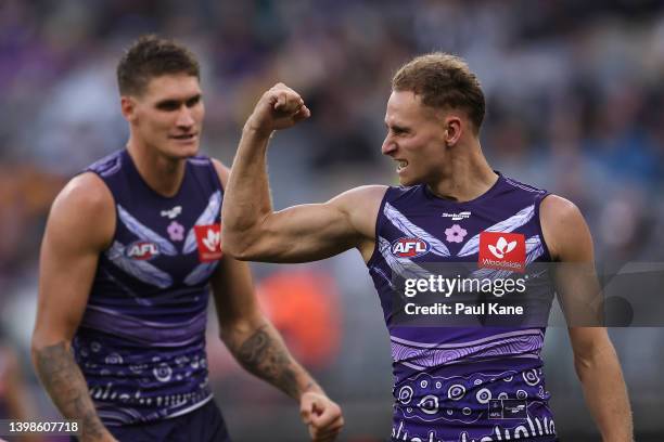 Will Brodie of the Dockers celebrates a goal during the round 10 AFL match between the Fremantle Dockers and the Collingwood Magpies at Optus Stadium...