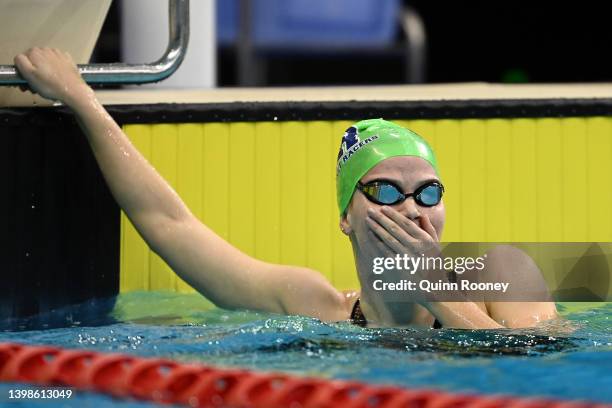 Elizabeth Dekkers of Australia celebrates winning the Womens 200 Metre Butterfly Final during day five of the 2022 Australian Swimming Championships...