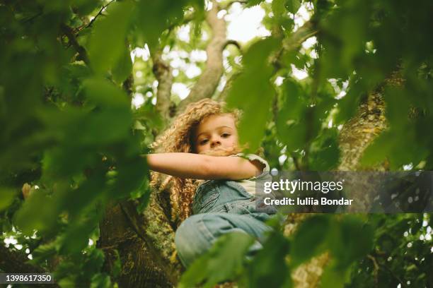 curly small girl having fun in summer park - girl tree foto e immagini stock