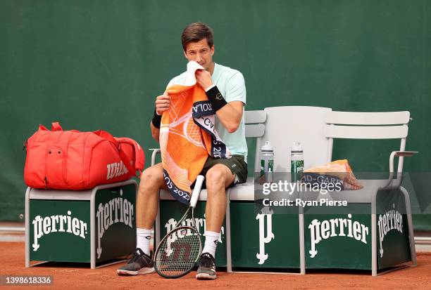 Aljaz Bedene of Slovenia looks on at change of ends against Christopher O'Connell of Australia during the Men's Singles First Round match on Day 1 of...