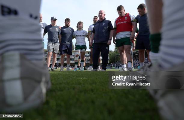Declan Kidney, Director of Rugby of London Irish, speaks to their team after the final whistle of the Gallagher Premiership Rugby match between Bath...